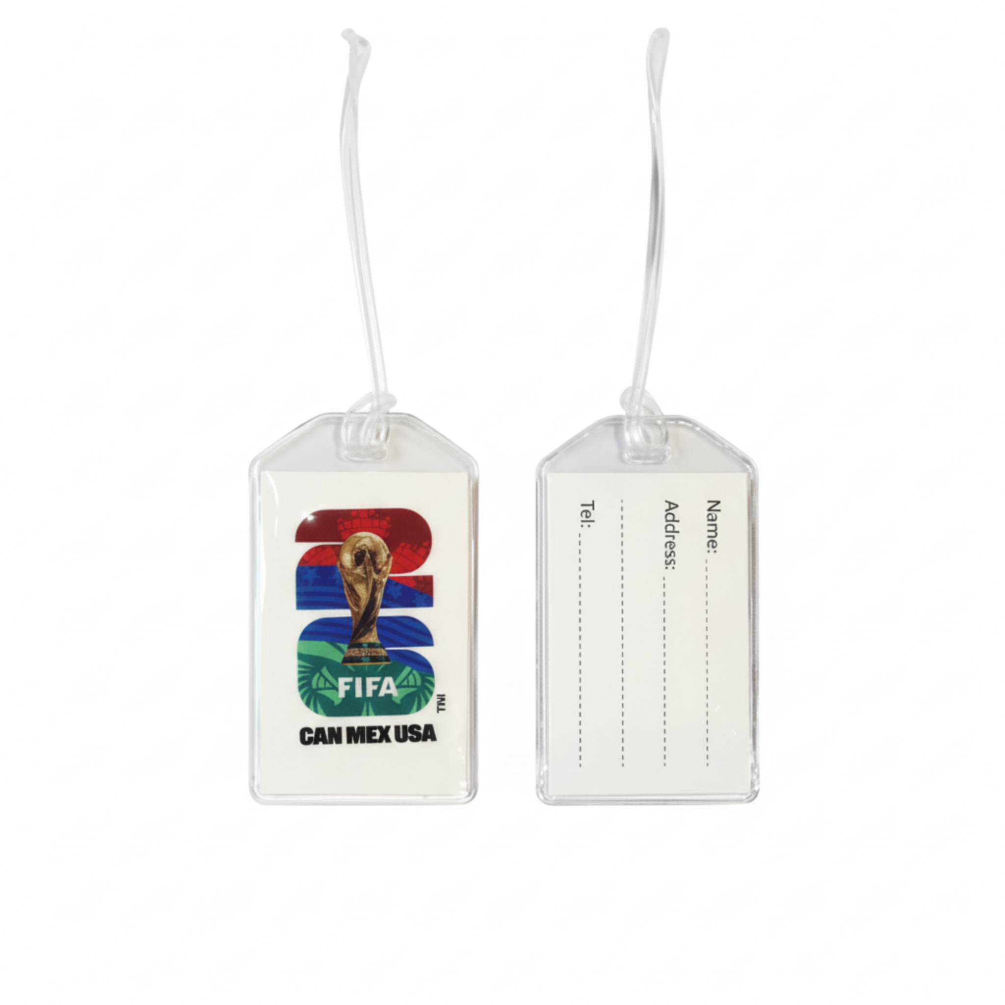Two clear luggage tags with FIFA World Cup 2026 branding on a white background.