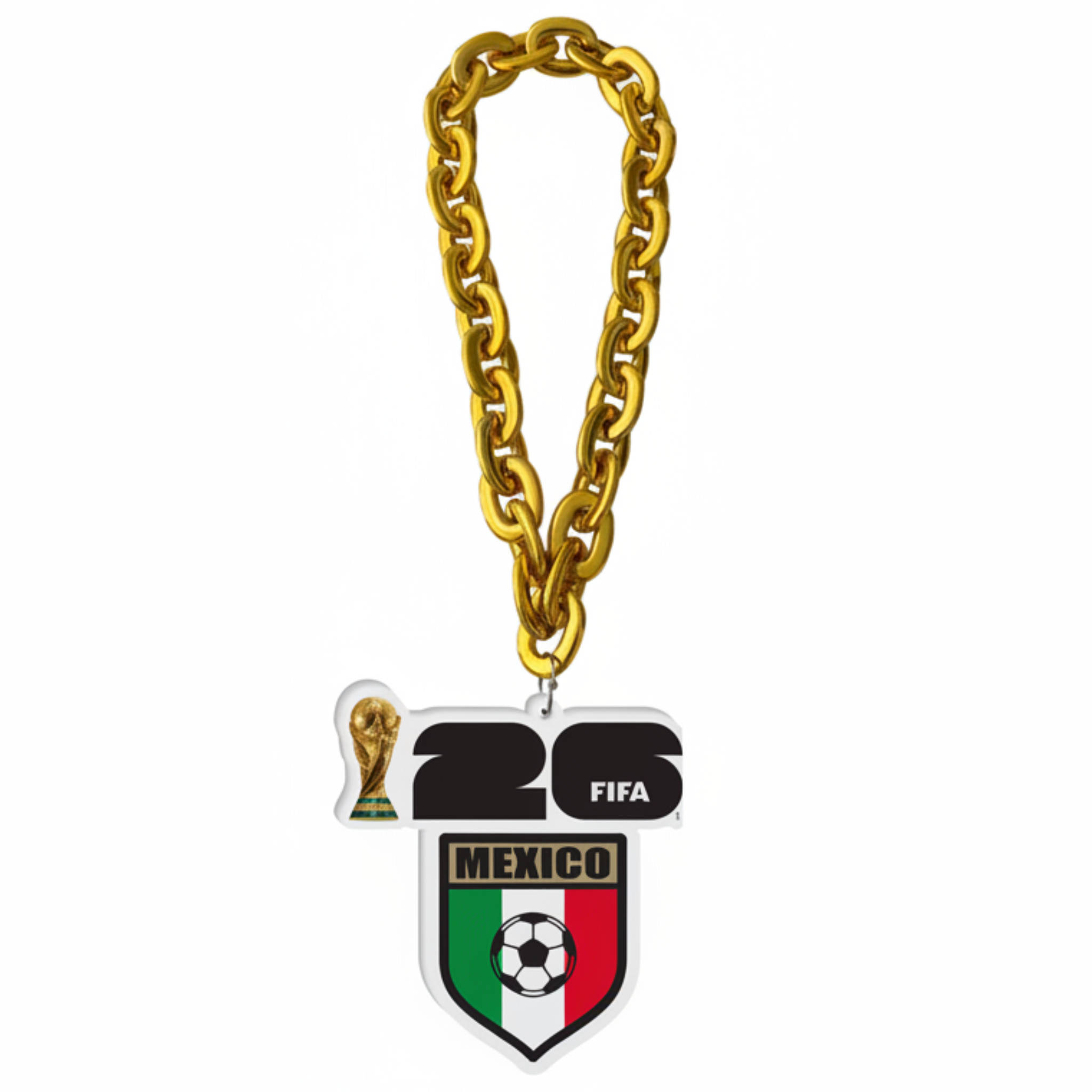 Gold chain with FIFA 2018 Mexico badge featuring a soccer ball and flag.