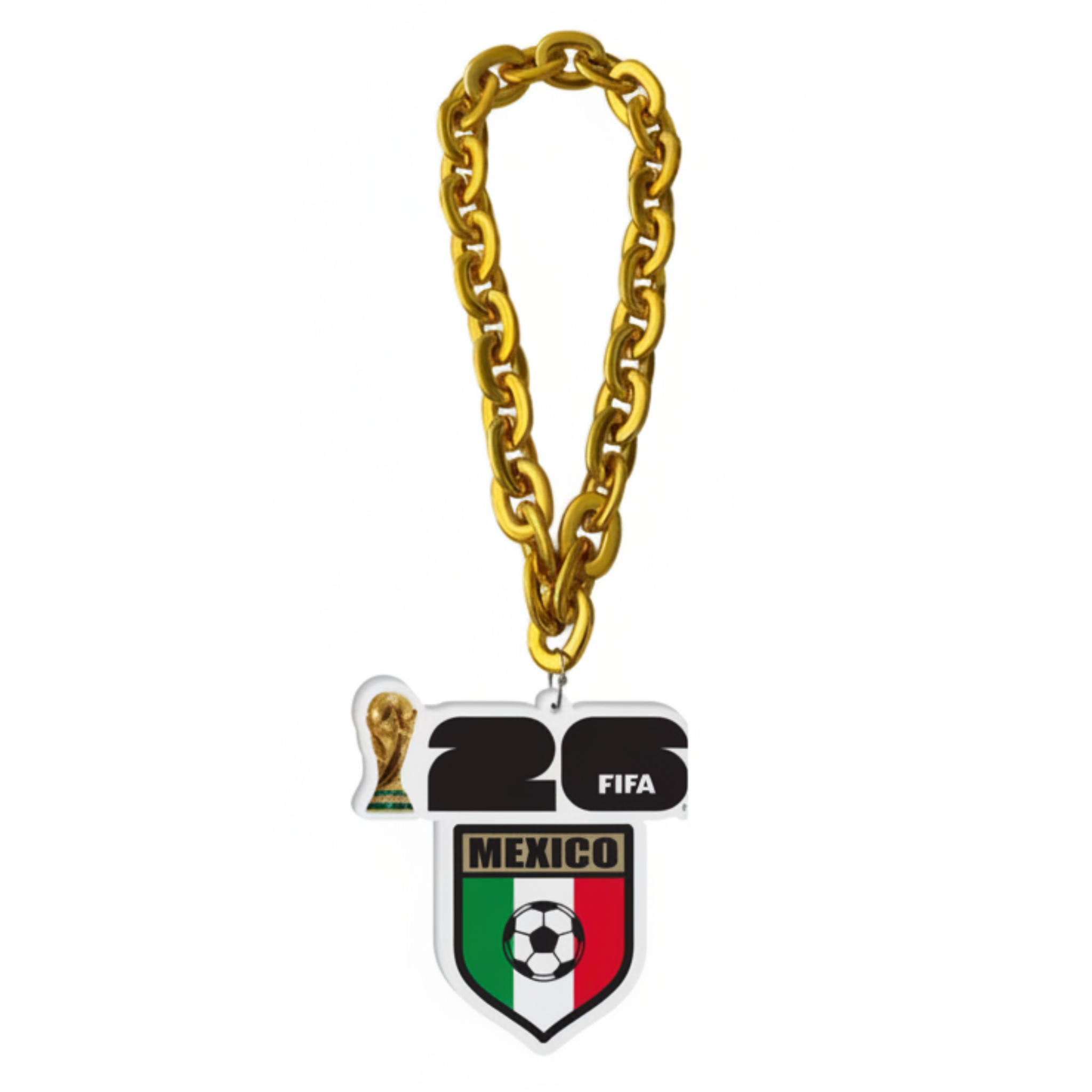 Gold chain with a FIFA Mexico badge on a white background